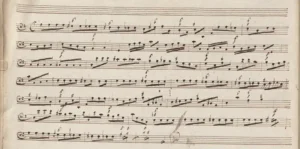 Manuscript page of Fenaroli's partimento Book 1, No. 4 (Gj 1304) in Georg Weissinger's hand: a figured bass line in bass clef
