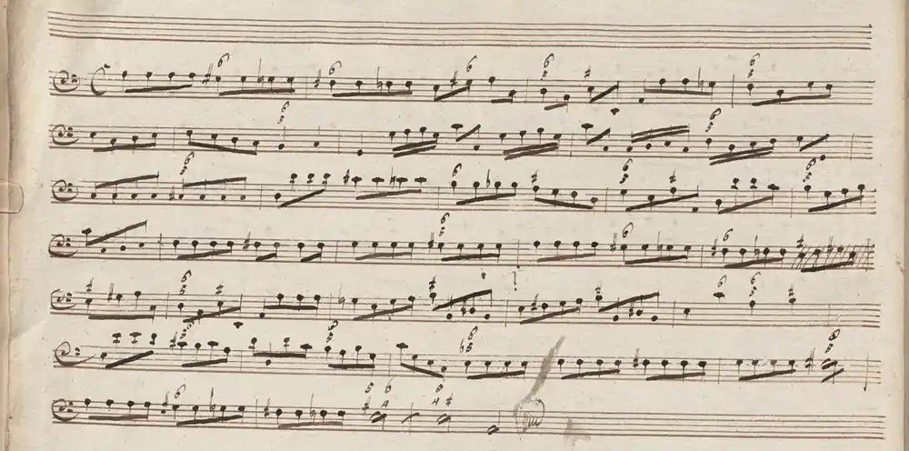 Manuscript page of Fenaroli's partimento Book 1, No. 4 (Gj 1304) in Georg Weissinger's hand: a figured bass line in bass clef
